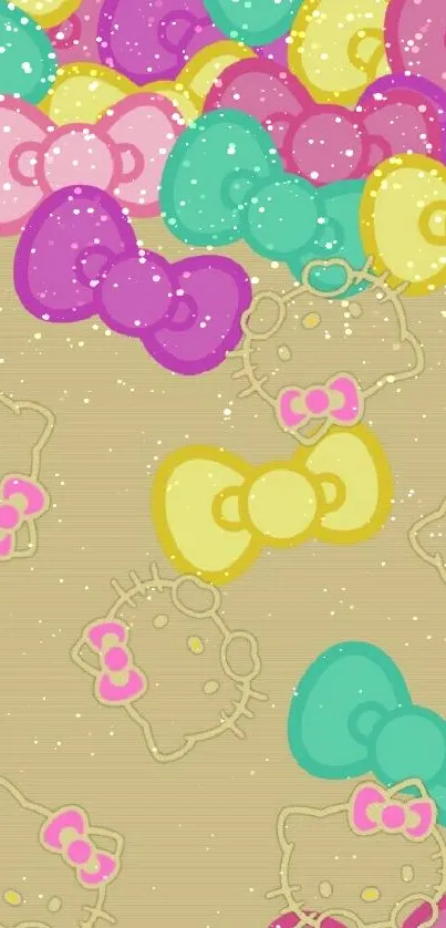 Cute wallpaper with colorful bows and cat outlines.