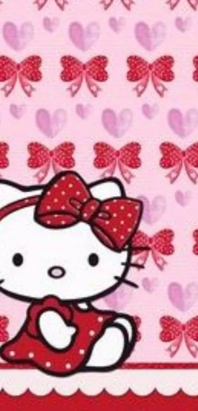 Hello Kitty wallpaper with pink bows and hearts.