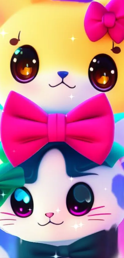 Adorable cartoon kittens with colorful bows and sparkling eyes in vibrant colors.