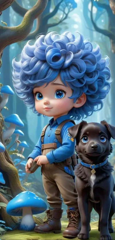 Cute boy and puppy in a fantasy forest with blue mushrooms.