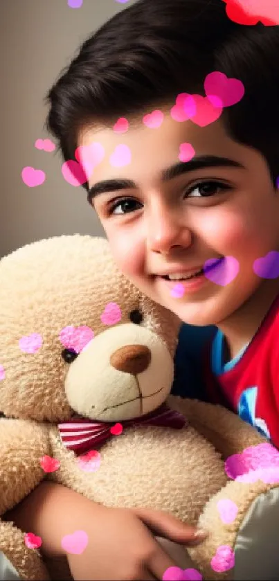 Boy in red hugging a teddy bear, smiling warmly.
