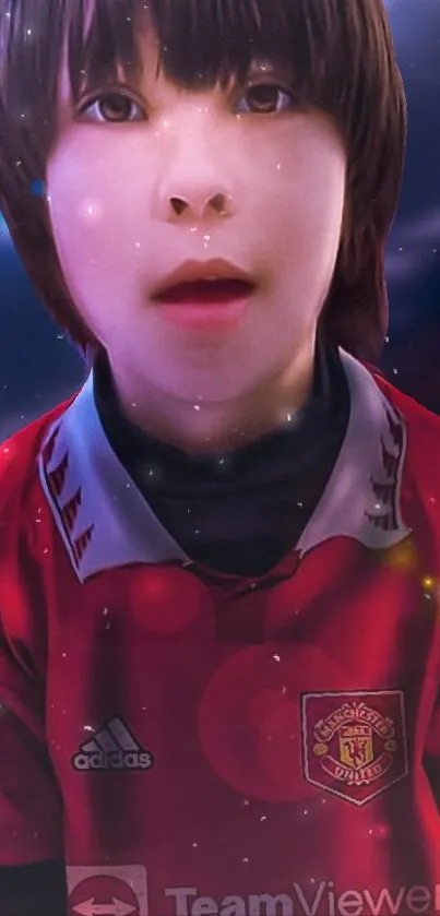 Young child in a red soccer jersey with a starry backdrop.