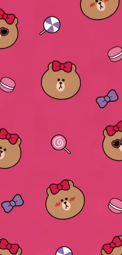 Pink mobile wallpaper with cute cartoon bear faces and candy.