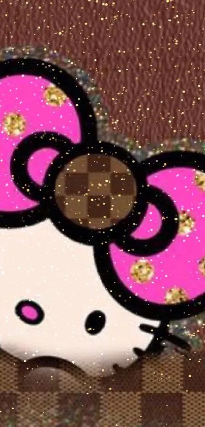 Hello Kitty wallpaper with pink bow and brown textured background.