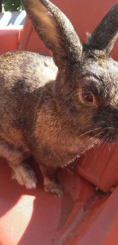 Adorable brown rabbit in sunlight on a warm surface.