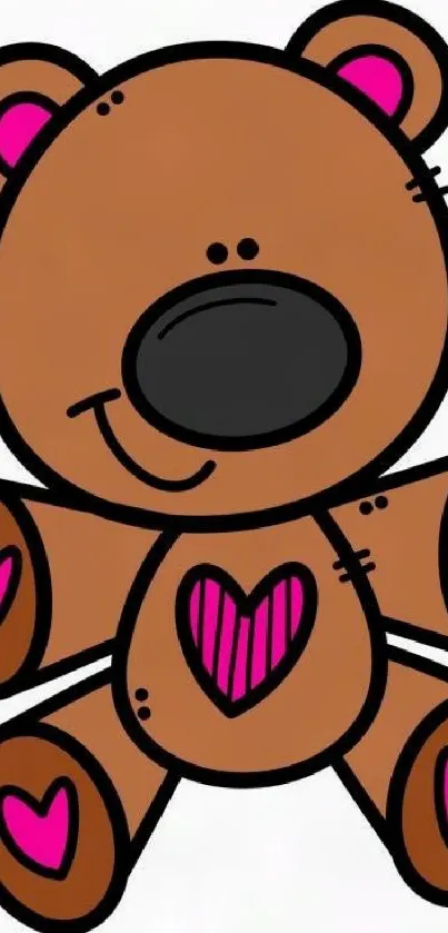 Cartoon brown teddy bear with pink hearts on a white background.