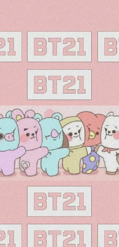 Adorable BT21 characters on a pastel pink background.