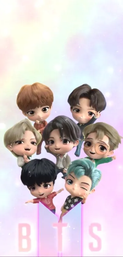 Cute BTS doll wallpaper with pastel colors and a kawaii design featuring seven characters.