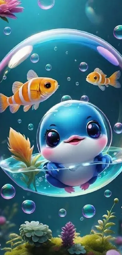 Cute aquatic cartoon in colorful underwater scene.