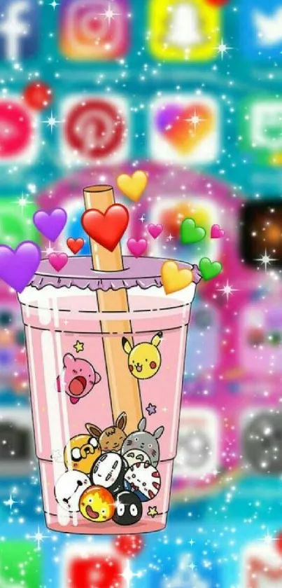 Cute mobile wallpaper featuring bubble tea and colorful heart emojis.