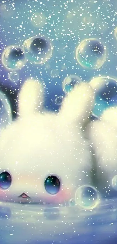 Cute white bunny with bubbles in a blue fantasy background.