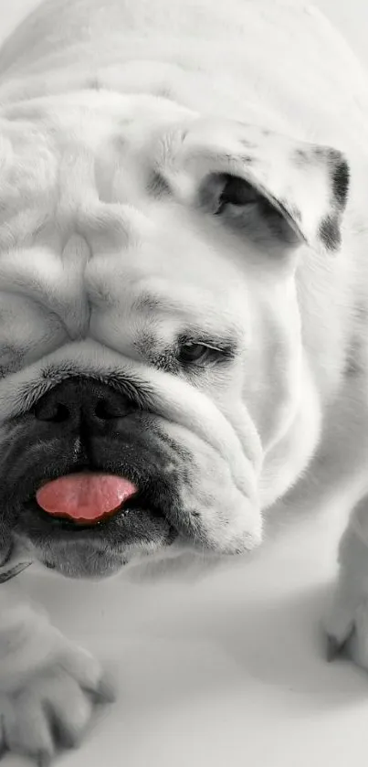 Adorable white bulldog with playful expression on mobile wallpaper.