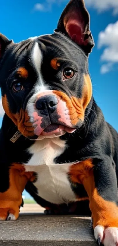 Adorable bulldog puppy under a blue sky on a sunny day.