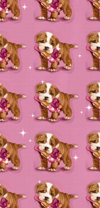 Adorable bulldog puppies on a pink wallpaper design.