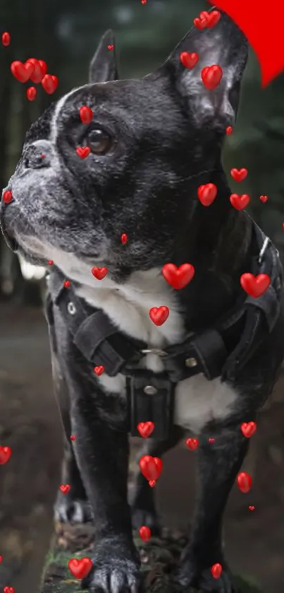 Bulldog in forest with red hearts and dark background.