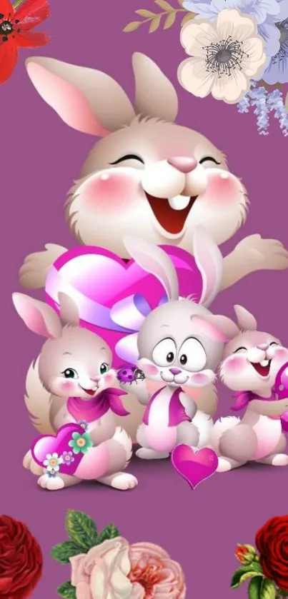 Adorable bunnies with flowers on purple background mobile wallpaper.