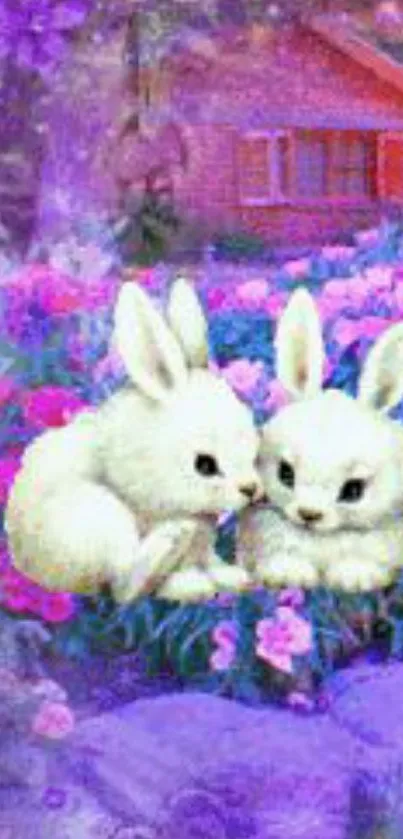 White bunnies in purple floral garden wallpaper.