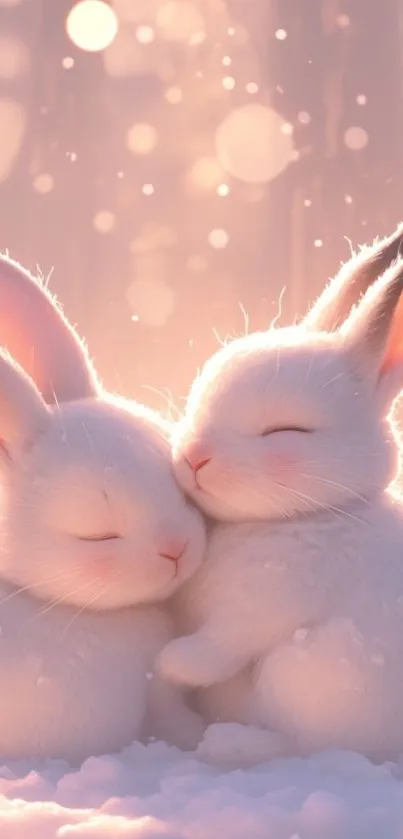Cute bunnies snuggle softly in glowing light.
