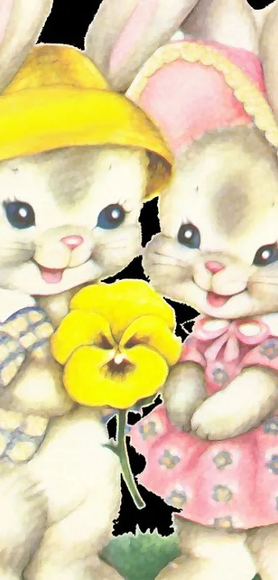 Two cute bunnies with hats and a flower, colorful and charming.