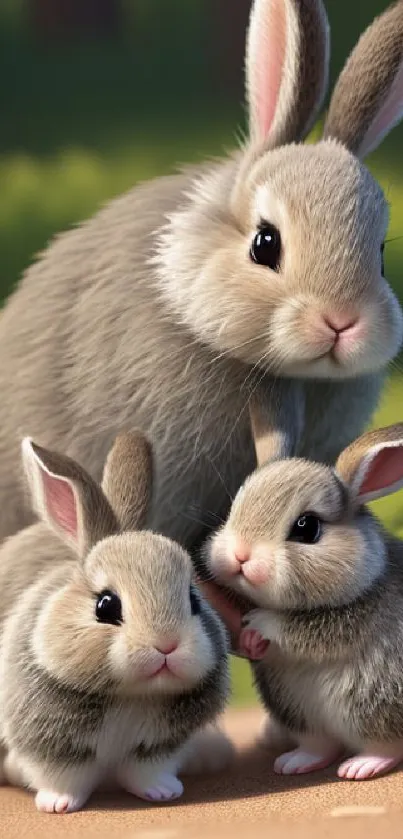 Three cute bunnies in a forest setting.