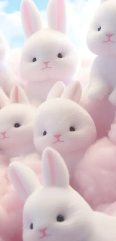 Adorable white bunnies resting on soft pink clouds under a blue sky.