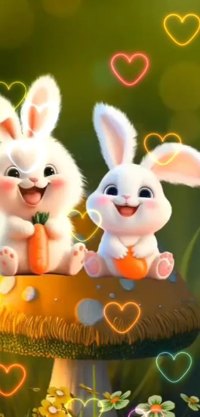 Two cute bunnies on a mushroom, smiling with carrots and colorful hearts.