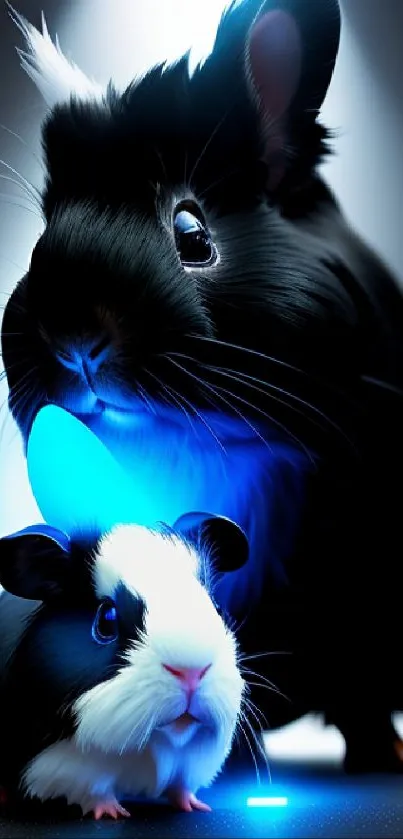 Cute black and white bunnies with a neon blue glow on mobile wallpaper.