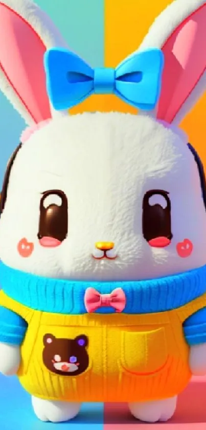 Colorful 3D bunny with pink ears and bow on split background.