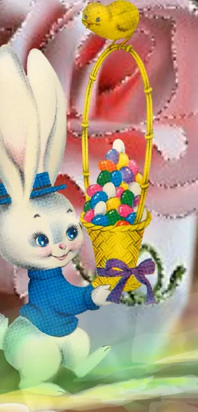 Cute bunny holds a colorful egg basket against a soft pink background.