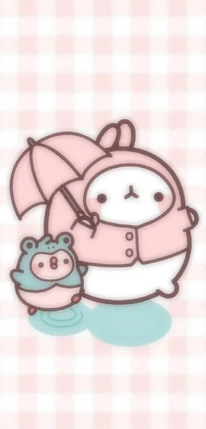 Cute bunny and bear with umbrella on pastel pink wallpaper.