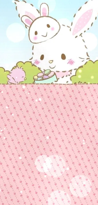 Cute bunny and bird on pink patterned background.