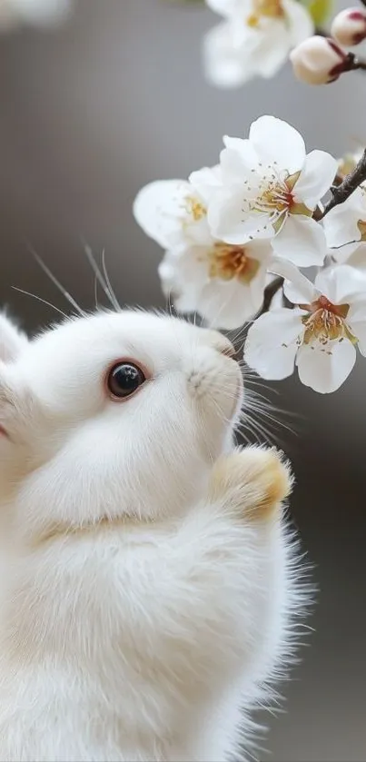 A white bunny admiring cherry blossoms in springtime.