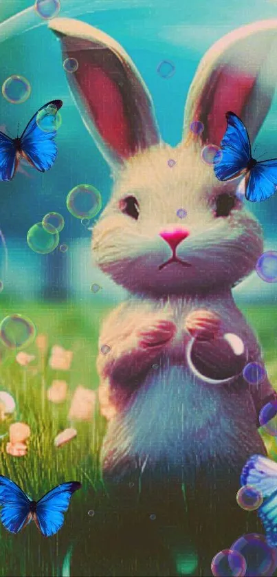 Adorable bunny with butterflies in a vibrant field.