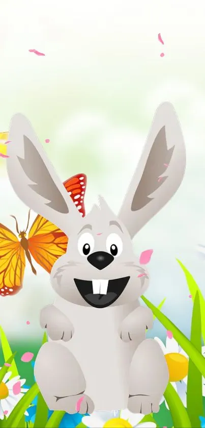 Cute cartoon bunny with butterflies and flowers in a vibrant spring scene.