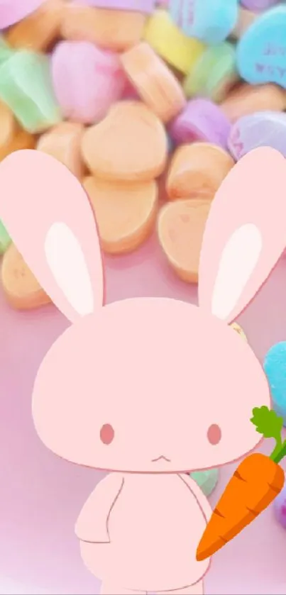 Cute pink bunny holding carrot with colorful candy hearts background.