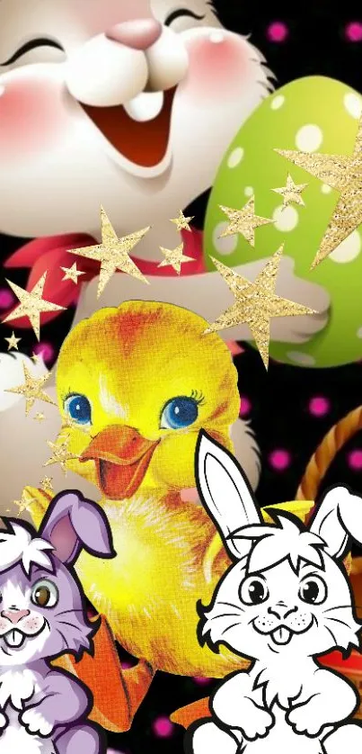 Vibrant Easter wallpaper with bunnies, duck, and stars on a dark background.