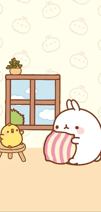 Cute cartoon bunny and chick in a cozy room with pastel colors.