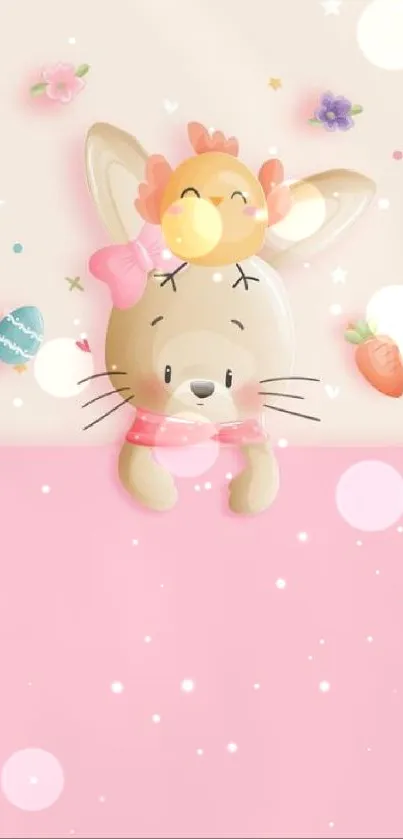 Cute bunny and chick in an Easter-themed mobile wallpaper.