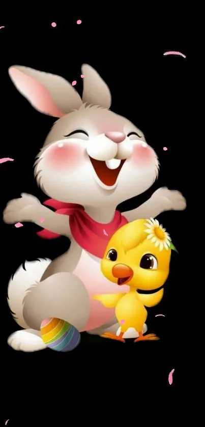 Adorable bunny and chick cartoon with colorful accents on black background.