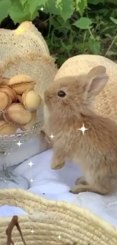 Cute bunny with cookies on a picnic setting.