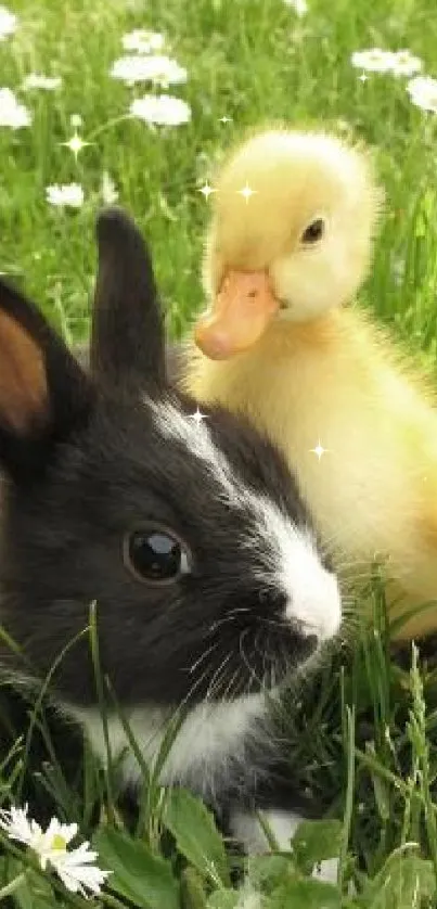 Black and white bunny with yellow duckling in grassy field with daisies.