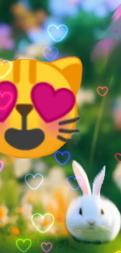 Cute bunny with heart emojis in a colorful field.