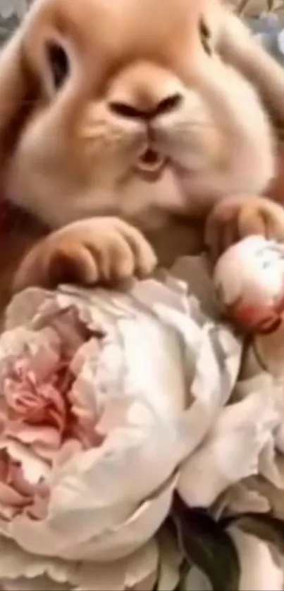 Cute bunny nestled in pastel flowers.