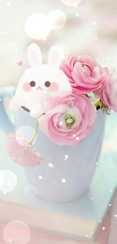 Cute bunny in blue mug with pink flowers wallpaper.