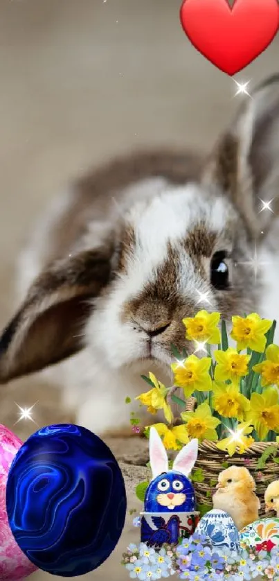 Cute bunny with a red heart on a natural brown background.