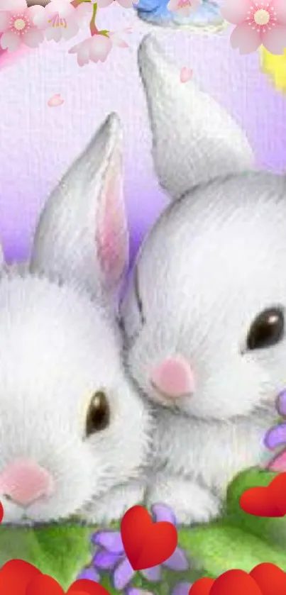 Cute bunnies with hearts and floral accents creating a charming wallpaper.