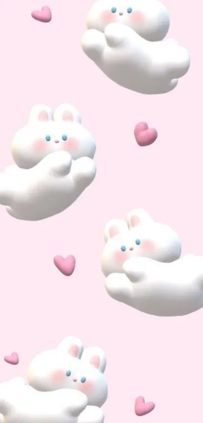 Cute bunnies on clouds with pink hearts wallpaper.