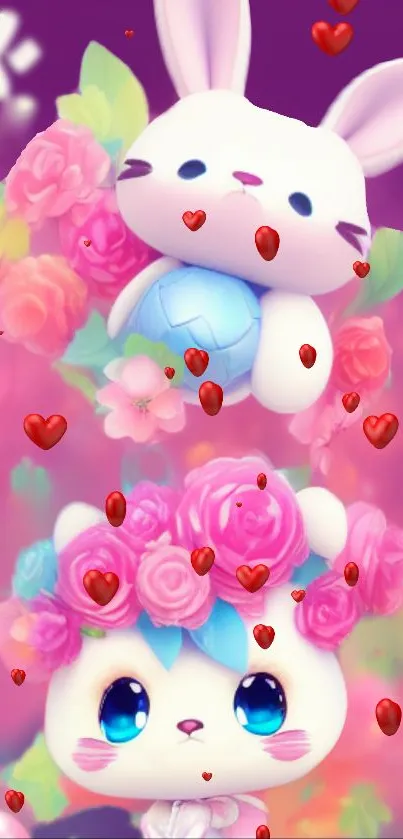 Cute bunny and kitty with roses and hearts on a pink background.