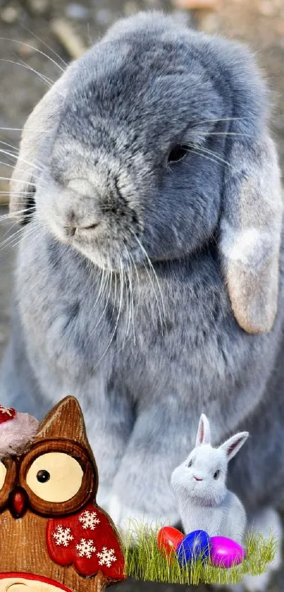 Adorable gray bunny with festive owl figure, perfect for holiday wallpaper.
