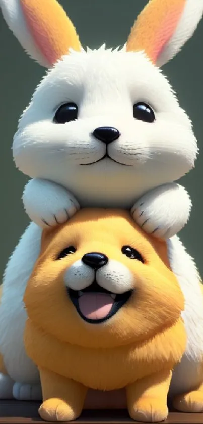 Cute cartoon bunny on top of a happy puppy.